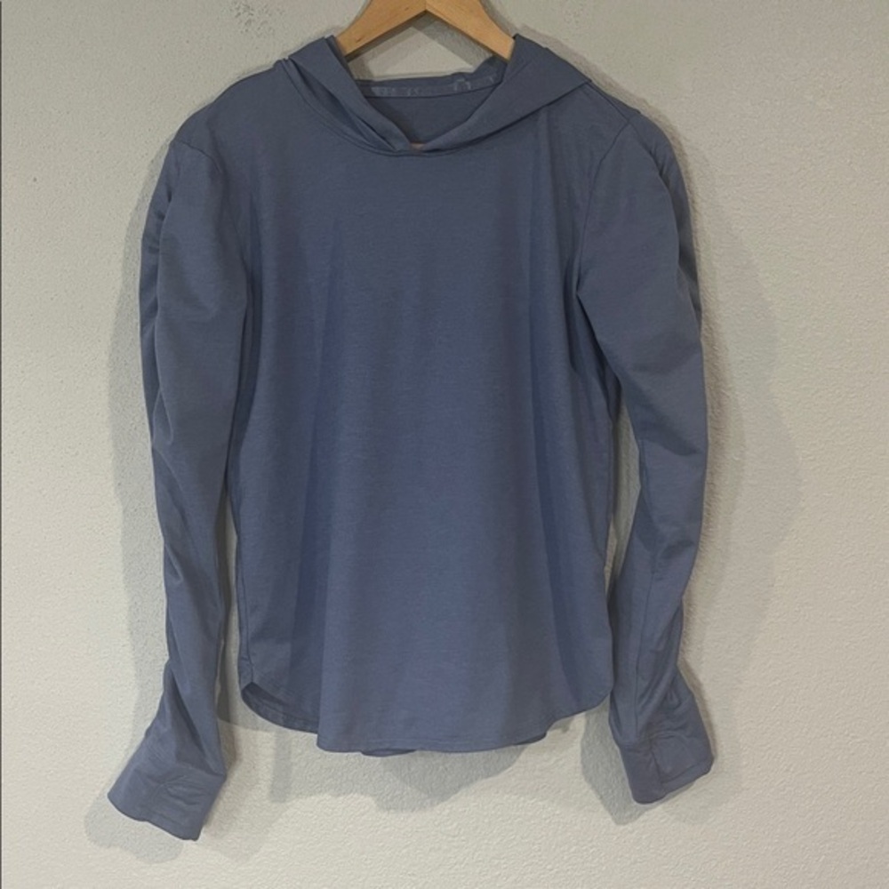 Athleta Girl pullover stretch hoodie top ruched sleeves periwinkle blue XL/14